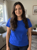 AI-generated adult woman with long dark hair wearing a blue T-shirt